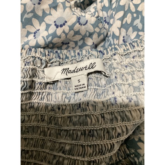 Madewell Smocked Square Neck Floral Midi Dress Blue White Size S Puff Sleeve - Picture 5 of 6